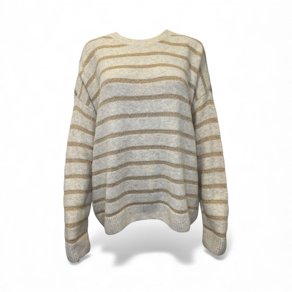 CeCe Crewneck Long Sleeve Lurex Striped Beige and White Sweater size L